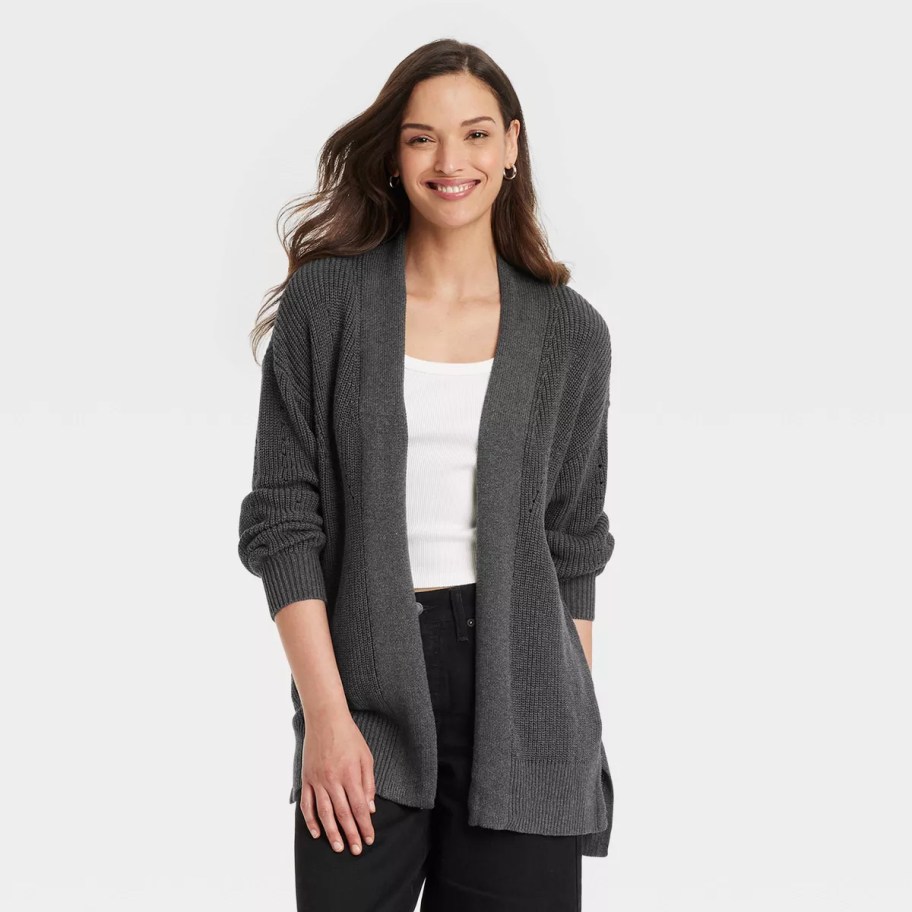 woman modeling gray long cardigan