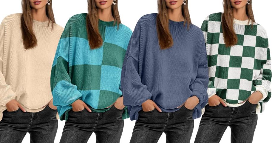 women wearing Women's Crewneck Batwing Long Sleeve Sweaters