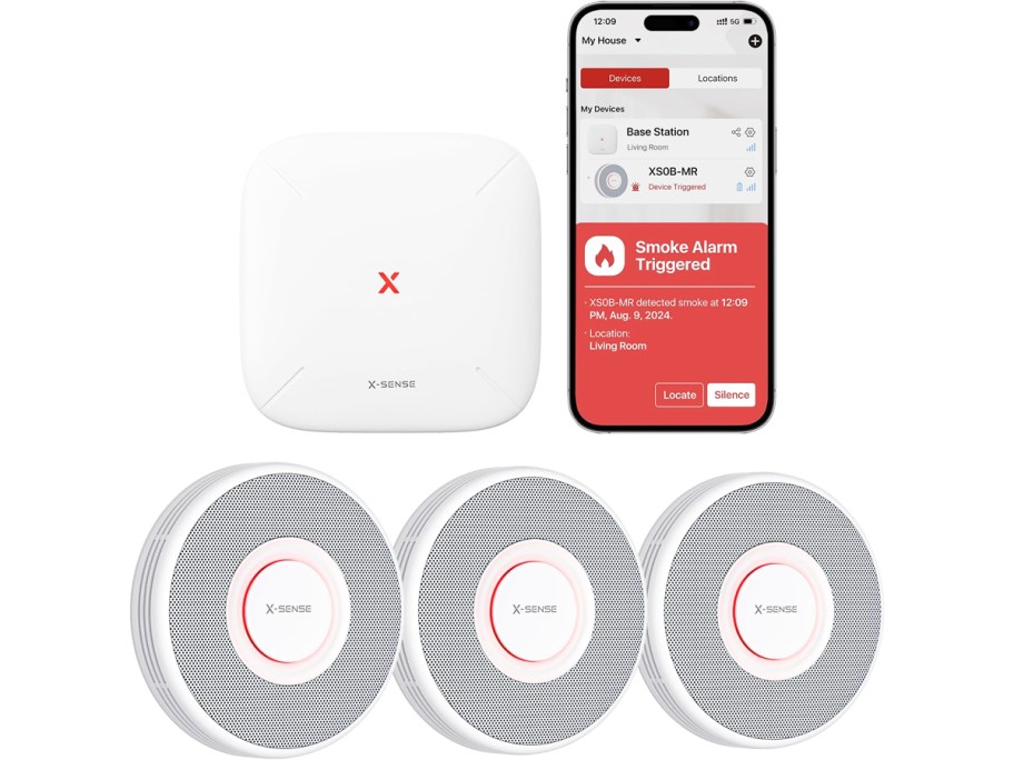 three smoke detectors, hub, and smart phone