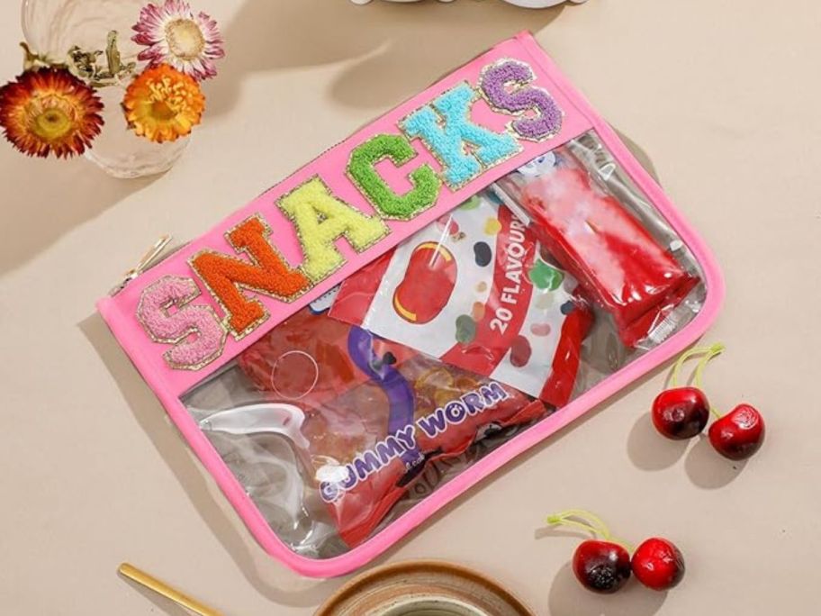 Zipper Pouch - Pink Snacks on table with snacks in it