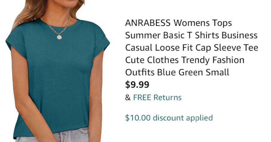 woman wearing green shirt next to Amazon pricing information