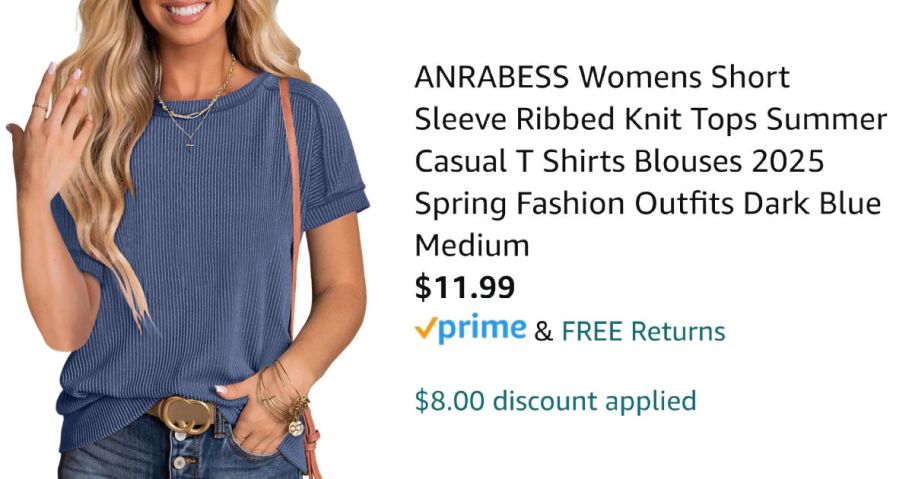 woman wearing blue shirt next to Amazon pricing information