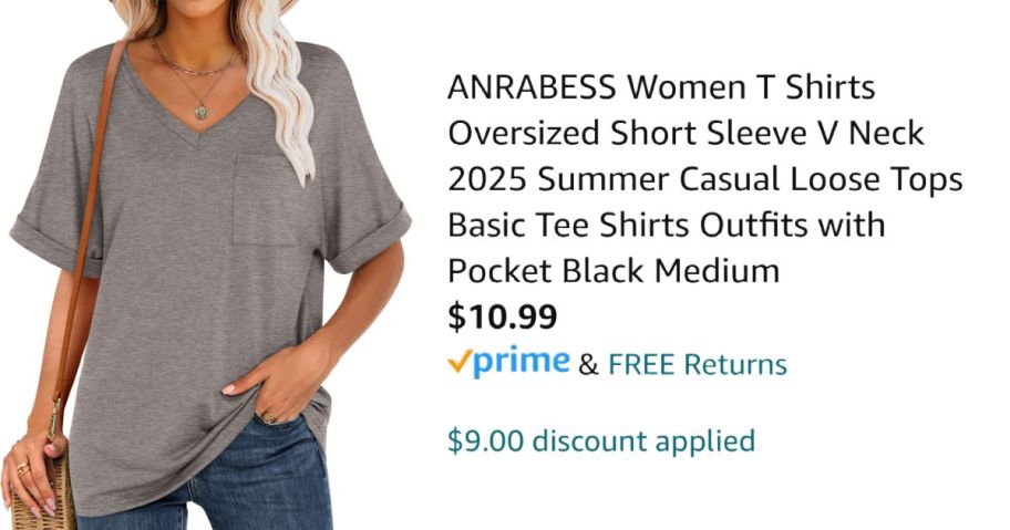 woman wearing gray shirt next to Amazon pricing information