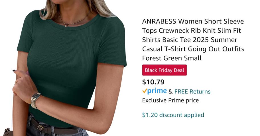 woman wearing green shirt next to Amazon pricing information