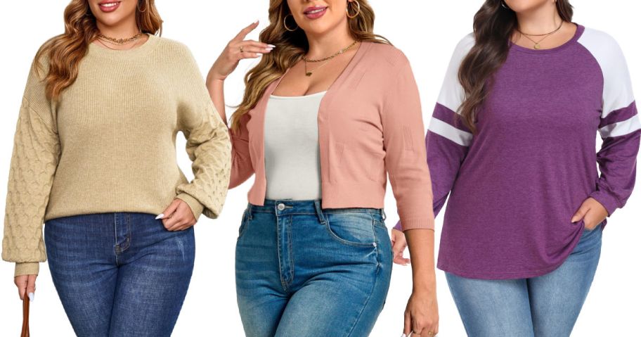 3 women modeling plus size tops