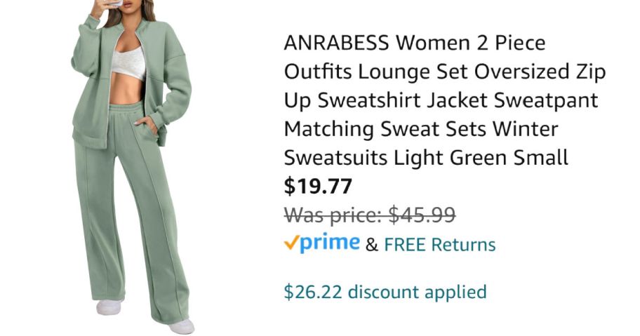 woman wearing green track suit next to Amazon pricing information