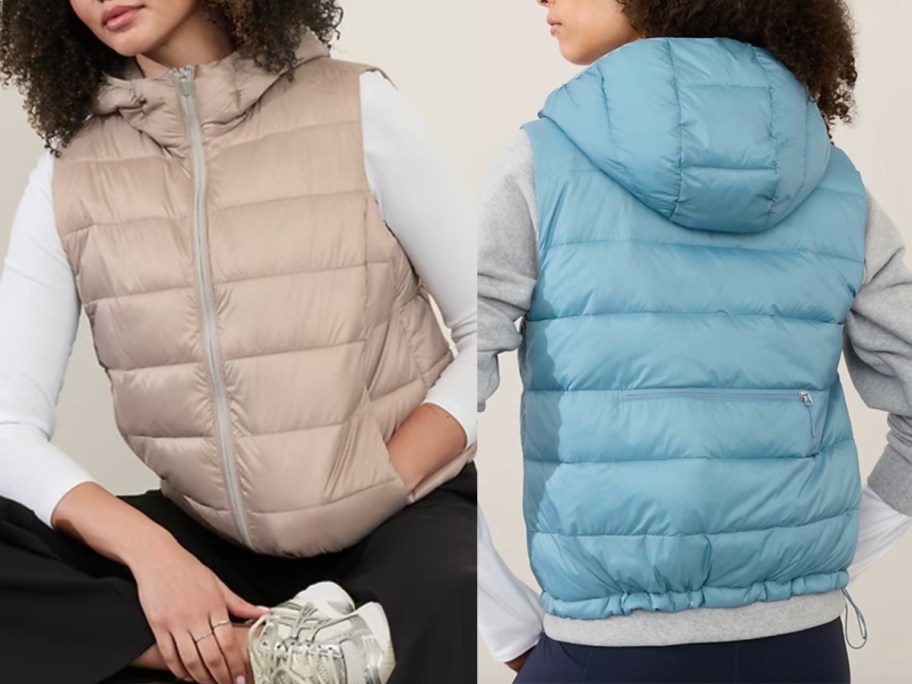 front and back tan and blue puffer vests