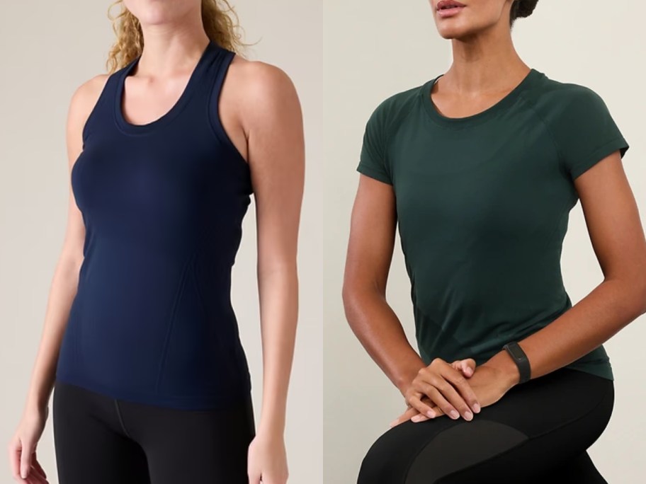 woman wearing a navy blue athletic style tank top and leggings and woman wearing a dark green tee and black leggings