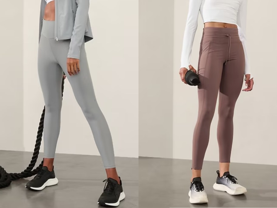 woman wearing grey leggings and woman wearing tan leggings both are working out