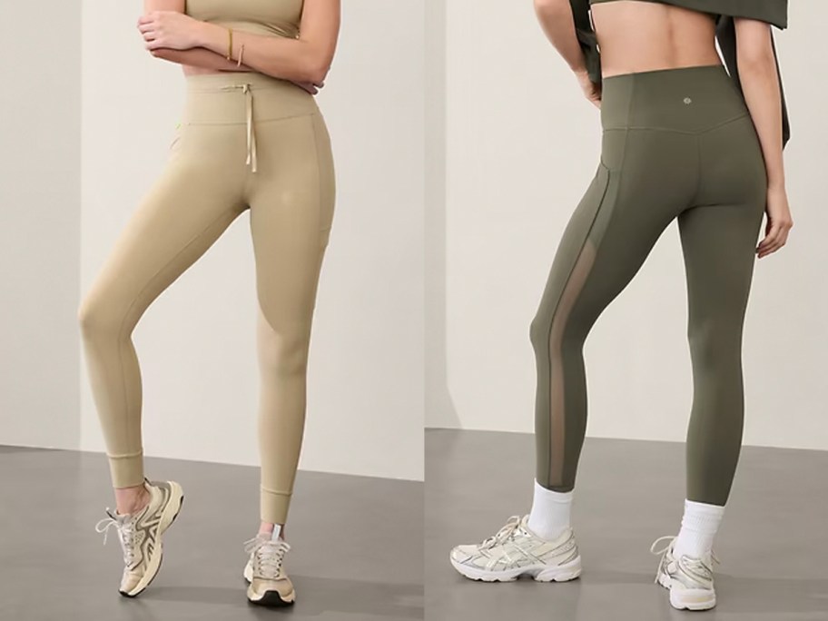 two women wearing tan and green leggings 