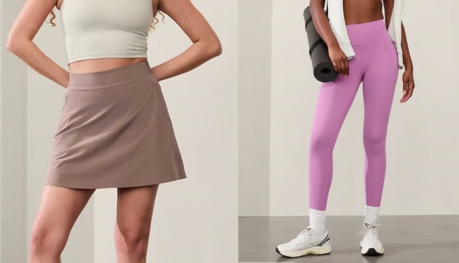 two women wearing brown skort and purple leggings 