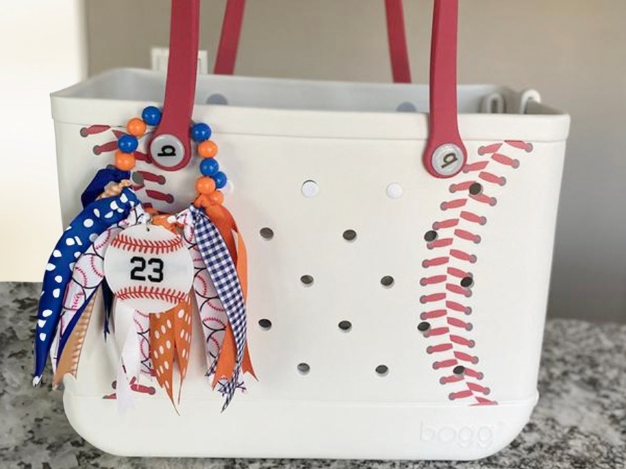 baseball themed bogg bag on countertop