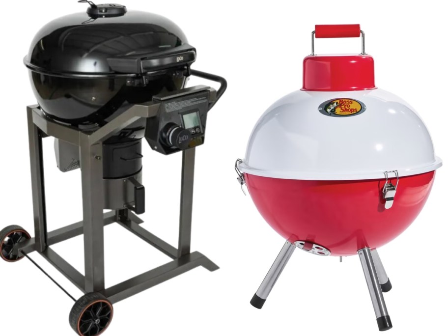 a black kettle style grill and a red and white tabletop grill that looks like a fishing bobber with Bass Pro logo on it