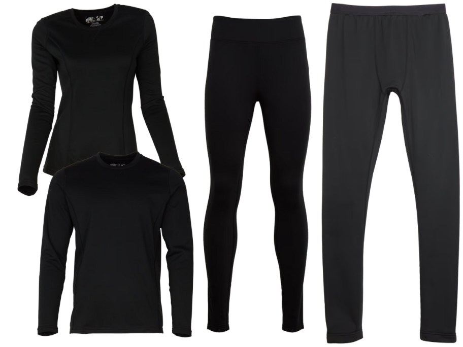 men's and women's black thermal tops and pants