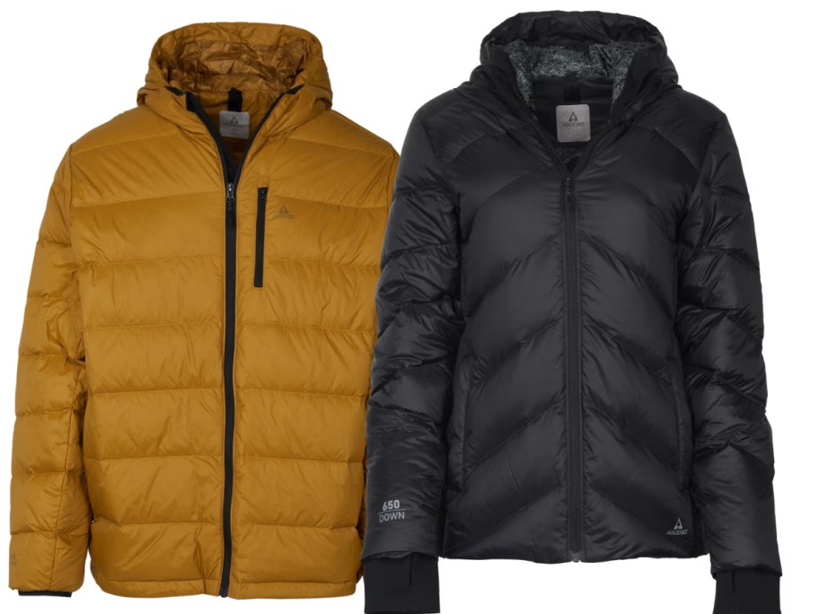 men's goldish brown and women's black hooded down jackets