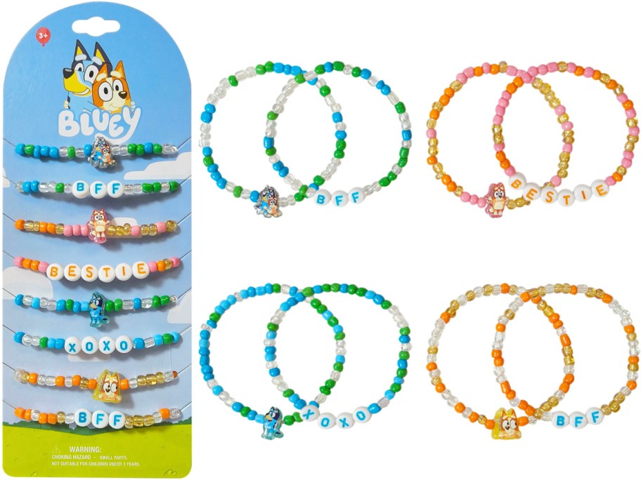 bluey bracelets pack with 4 sets of bff bracelets next to it 