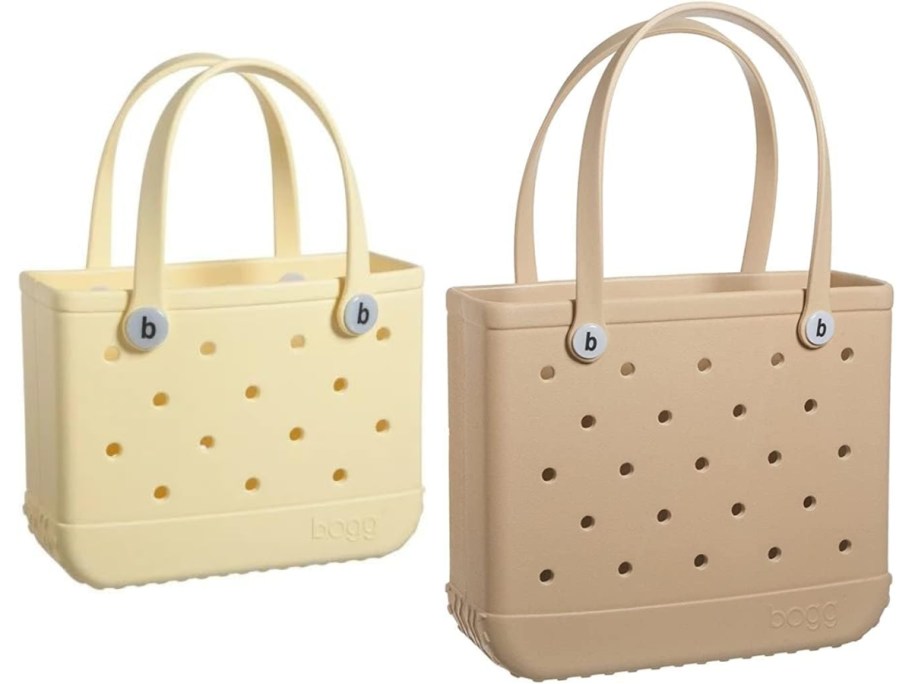 a small Bogg Bag in cream, and a medium Bogg Bag in light tan