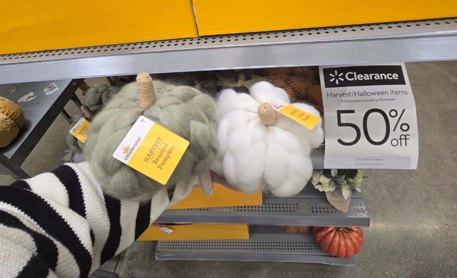 a womans hand holding 2 braided pumpkins