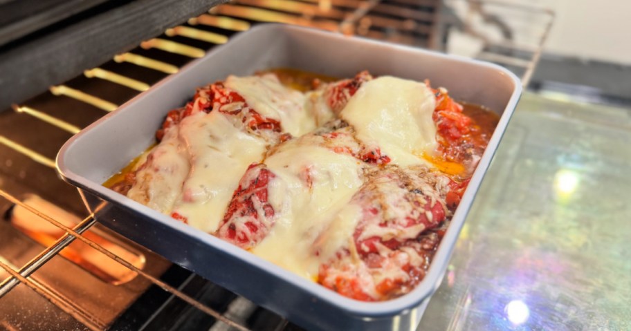 bruschetta chicken in the oven baking