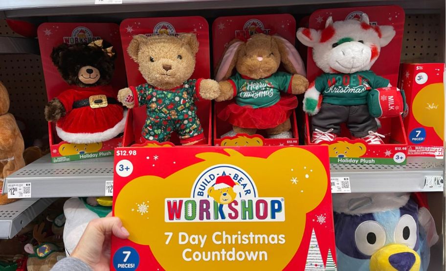 the build a bear plushes and advent calendar on a store shelf at walmart