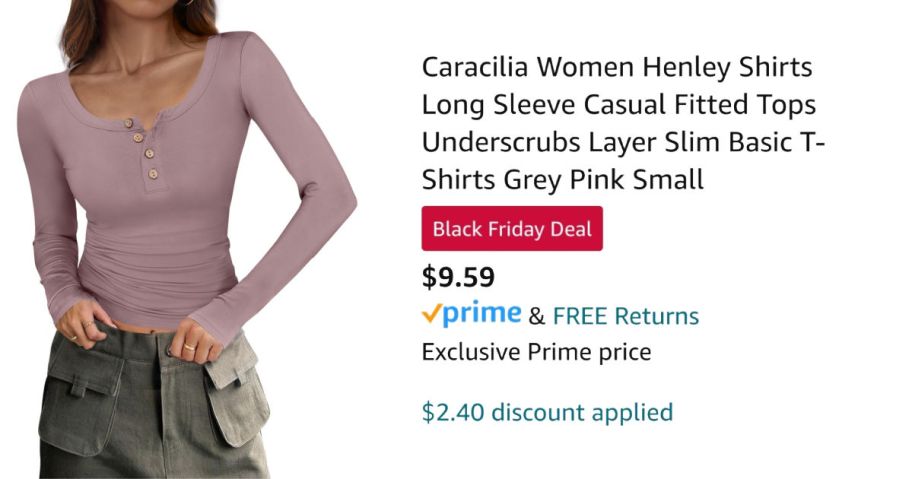 woman wearing pink henley next to Amazon pricing information