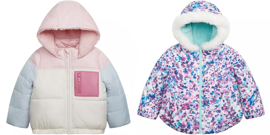 pink colorblock and purple floral puffer jackets 