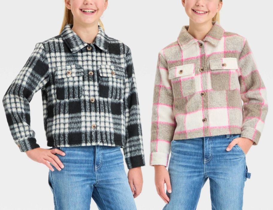 two girls wearing cat and jack cropped plaid shackets