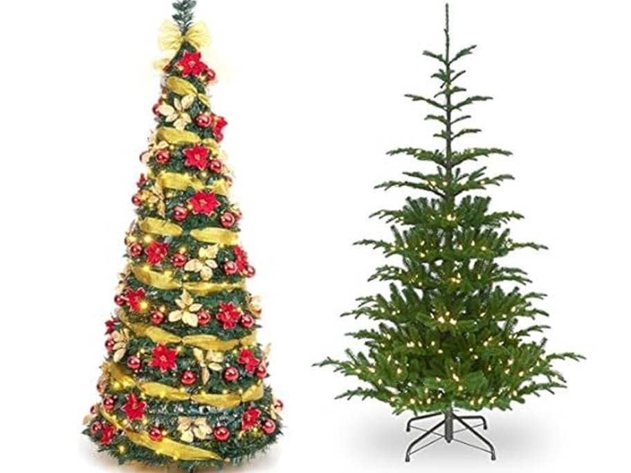 two artificial christmas trees with decorations 