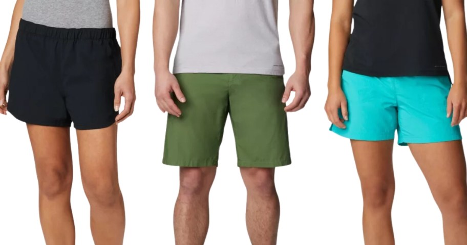 woman and men wearing Columbia shorts in various colors and lengths