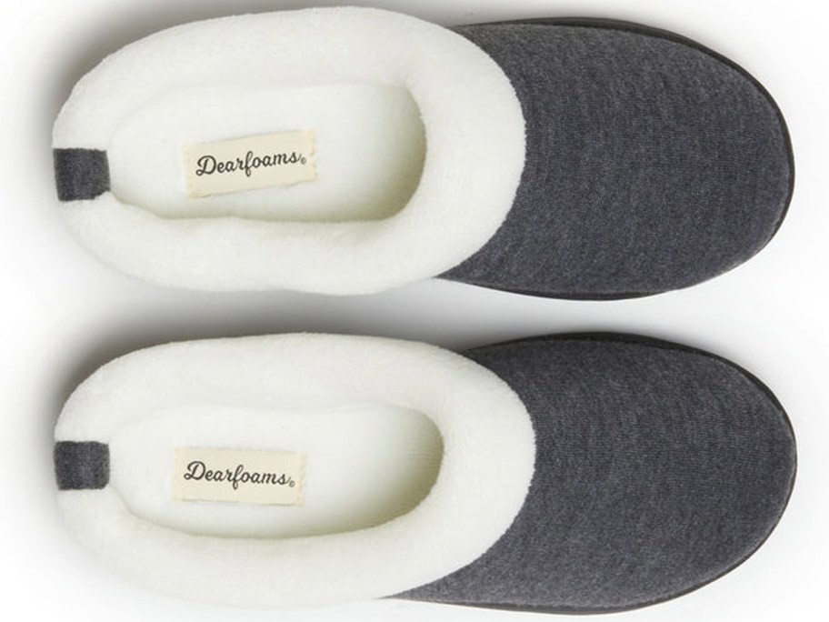 gray and white dearfoams slippers 