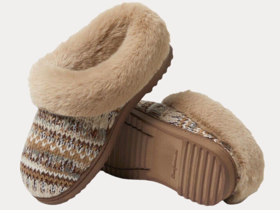 a pair of women's clog style slippers with a fair aisle print and faux fur