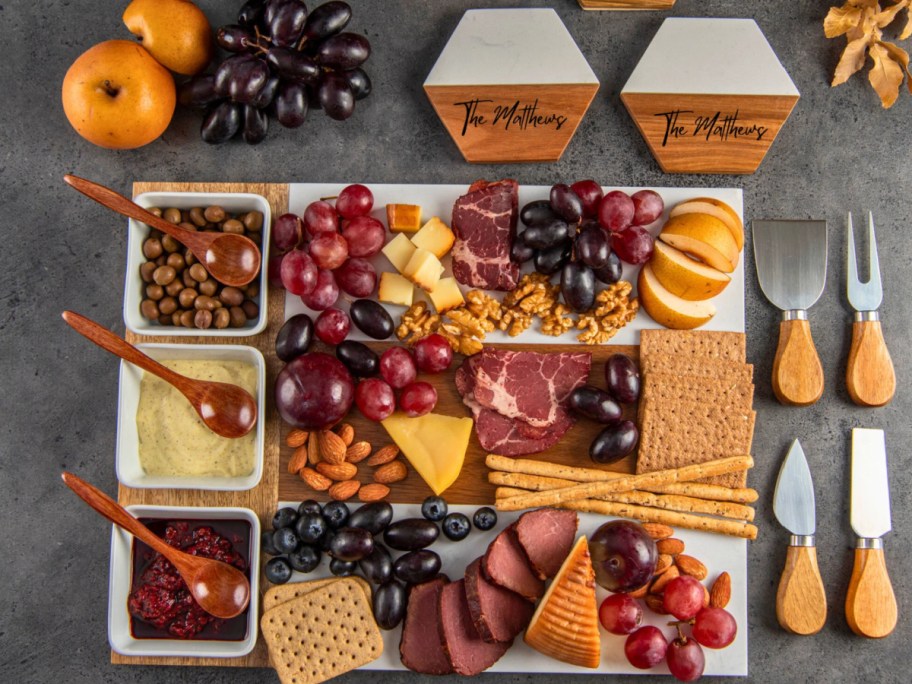 personalized charcuterie board and coasters