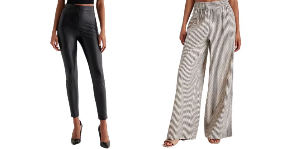 woman wearing pleather pants and woman ewearing wide leg pants