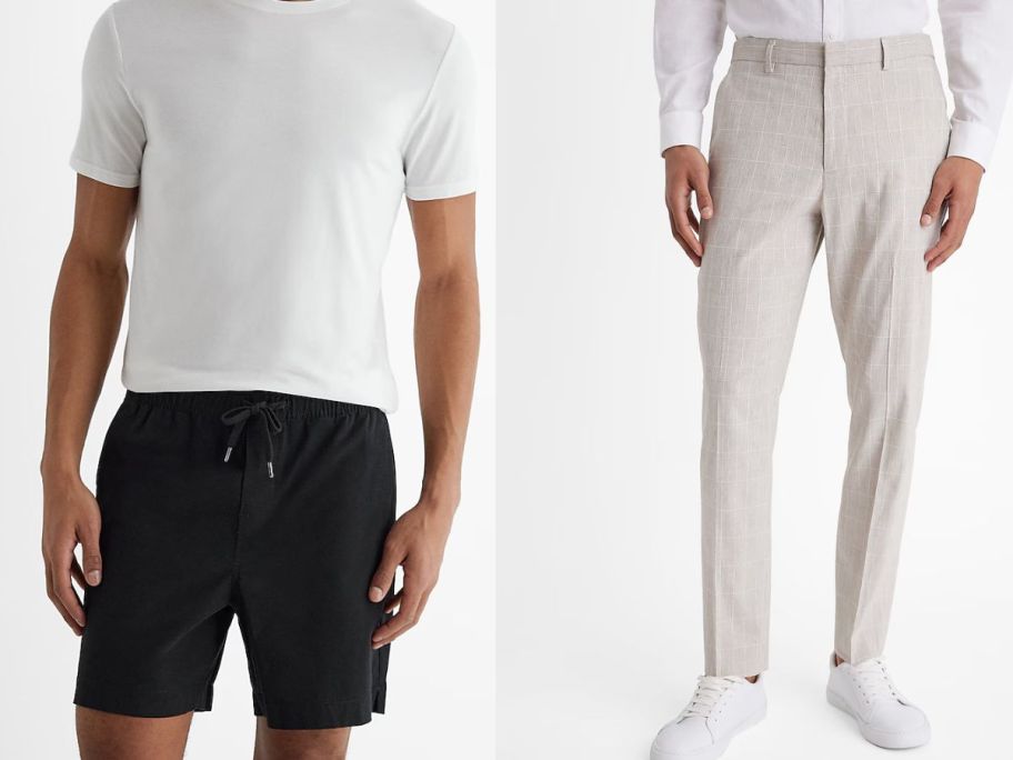 man earing white shirt and black shorts and man with tan pants