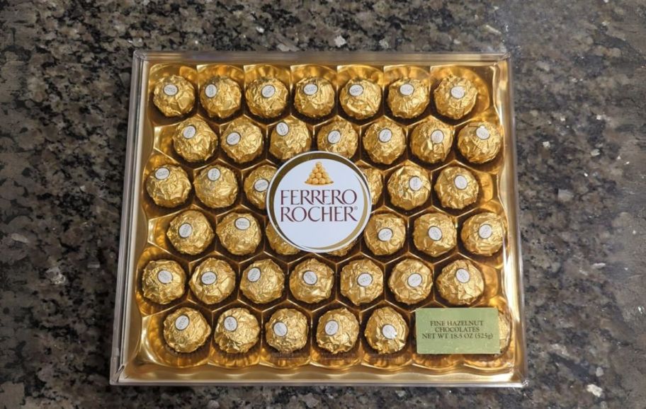 hazelnut 42 count Ferrero Roche gift box on a kitchen counter