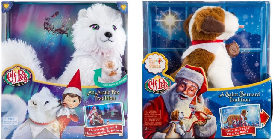 elf on the shelf pets actic fox and st bernard stock images