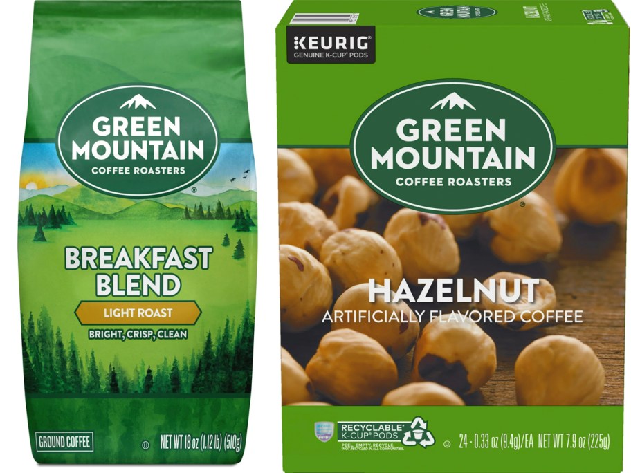 green mountain ground coffee bag and box of pods 