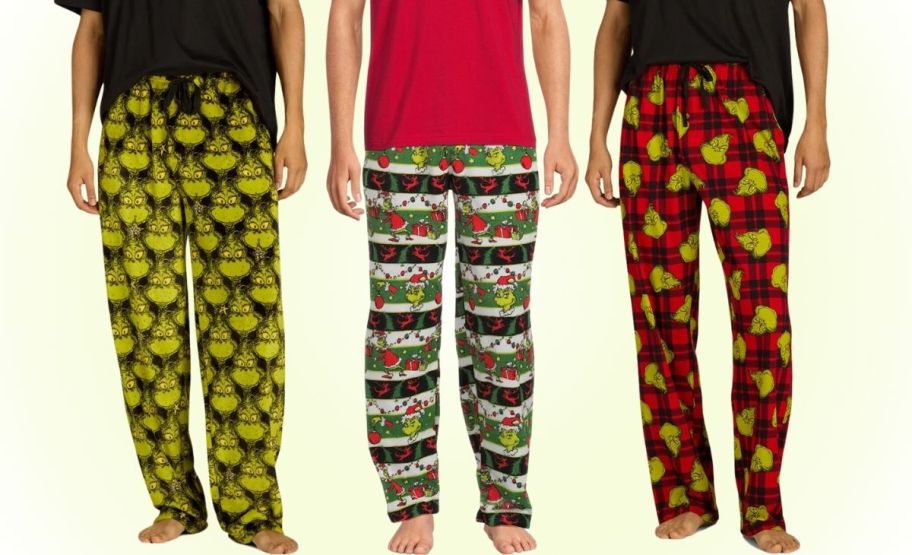 three male models in mens grinch sleep pants 