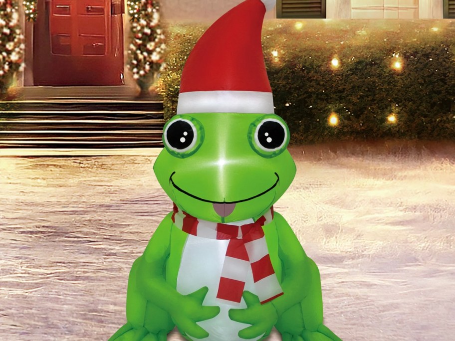 frog wearing santa hat and scarf inflatable 