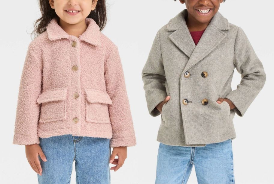 a little girl and little boy wearing cat and jack kids jackets