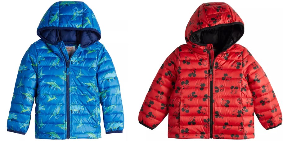 blue dinosaur and red mickey mouse puffer jackets