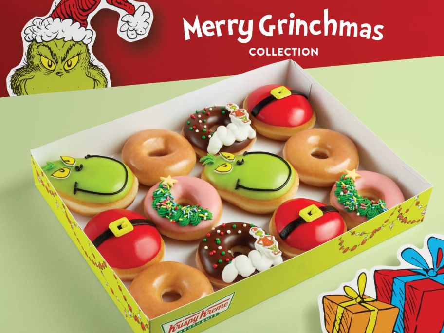 A dozen Krispy Kreme Grinch Doughnuts Collection in a box