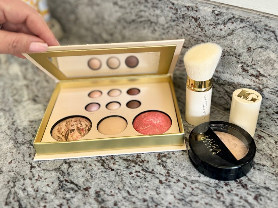 holiday makeup palette and brush on counter 