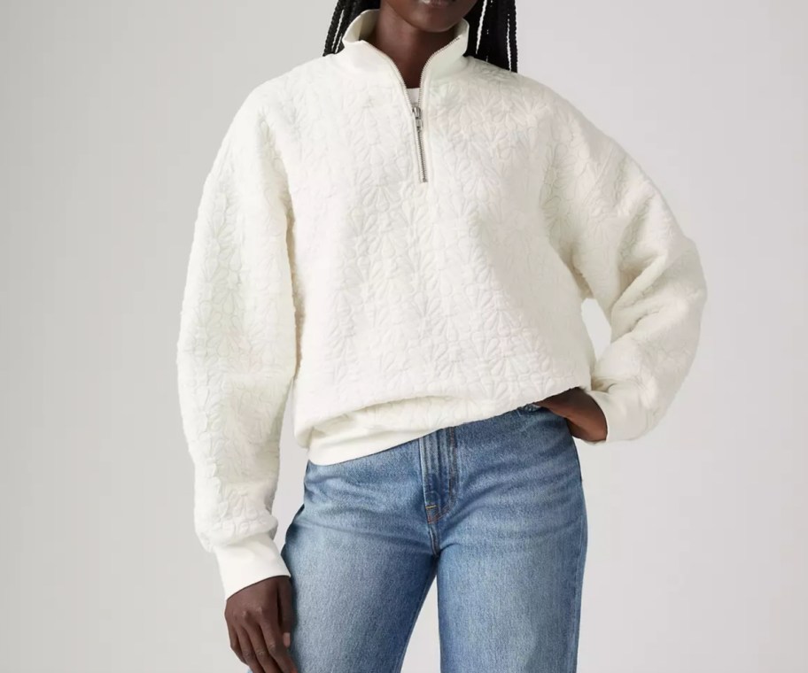 woman in white quilted fleece sweatshirt