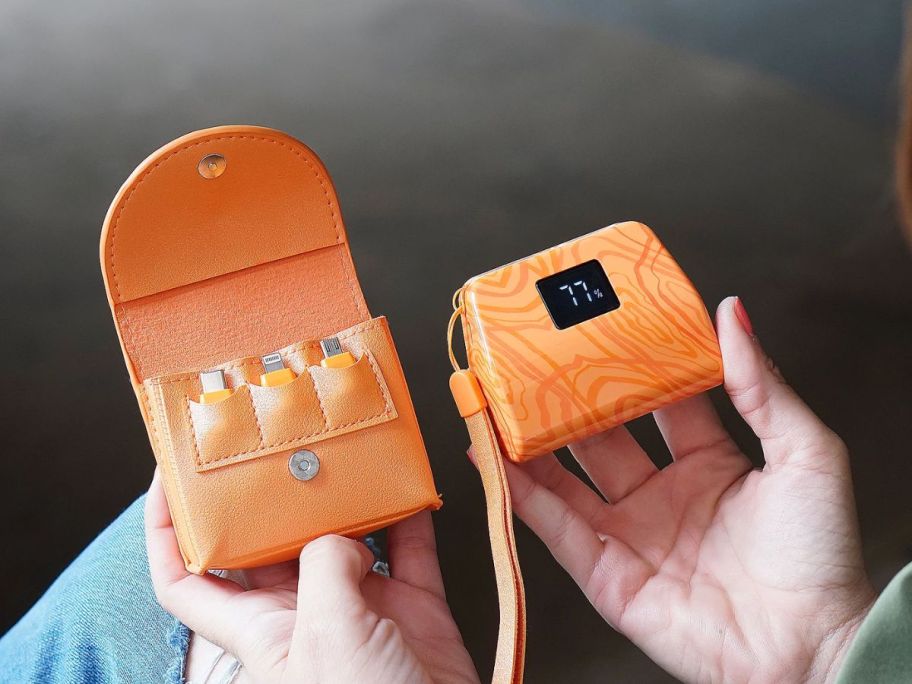 a woman's hands holding a power bank and carrying case