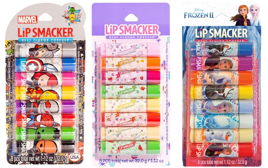 marvel, fruit, and frozen lipsmacker packs 