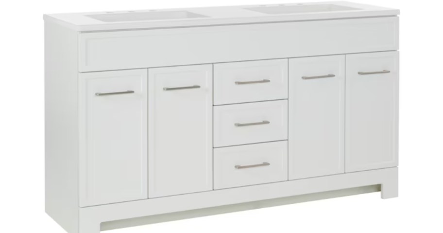 a large white bathroom vanity cabinet with several drawers and cabinet doors