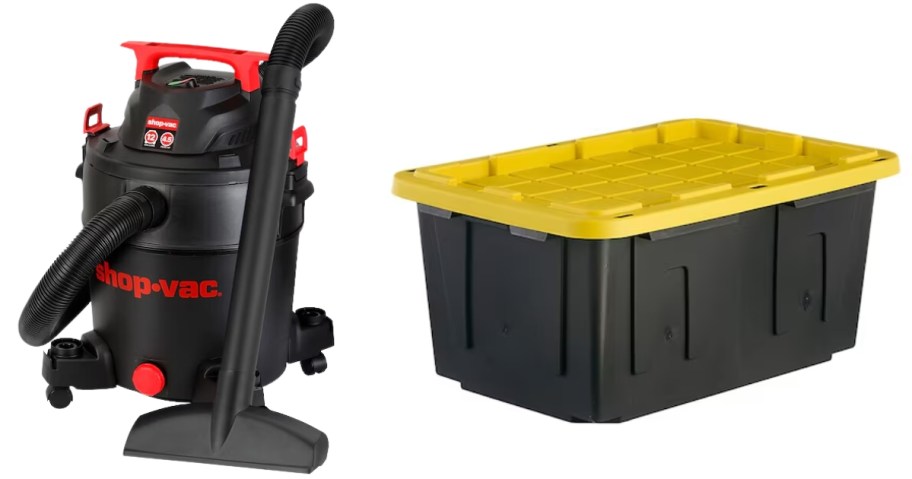 a black & red ShopVac vacuum and a black large storage tote with a yellow lid