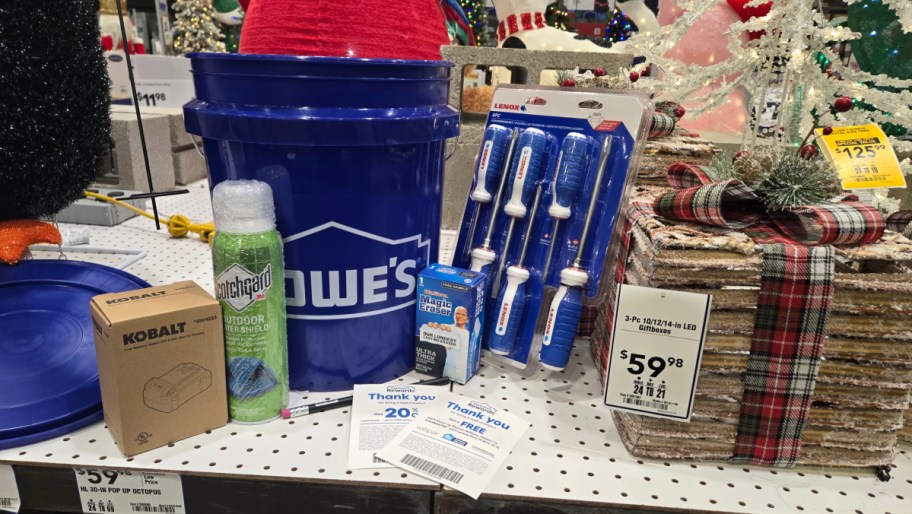 lowes bucket displayed next to free black friday gifts