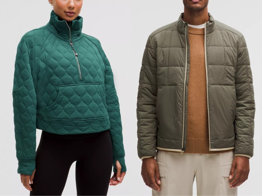 woman wearing an emerald green quilted half zip pullover sweatshirt and man wearing a tan brown color puffer insulated jacket w/ an orange shirt